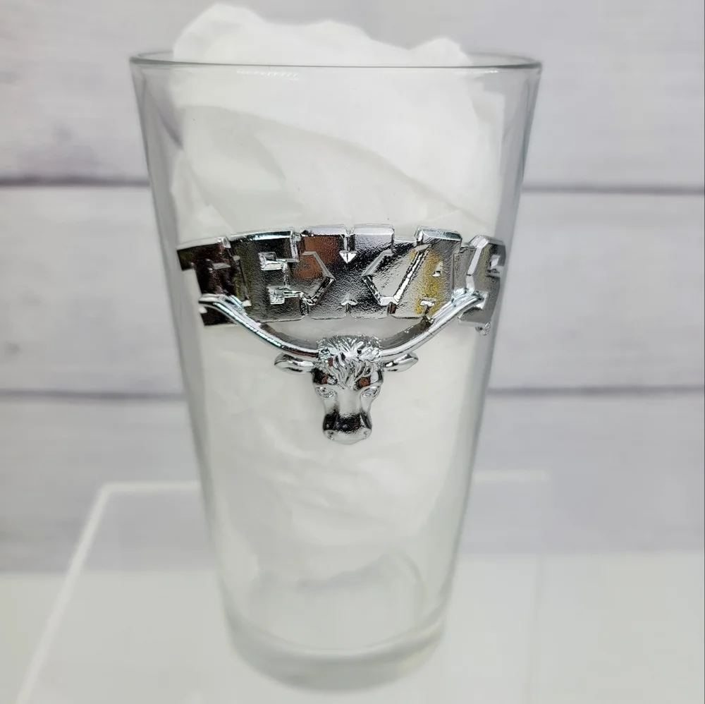 Texas Longhorn Bull Glass Pint Beer Mug with Silver Metal Accent.